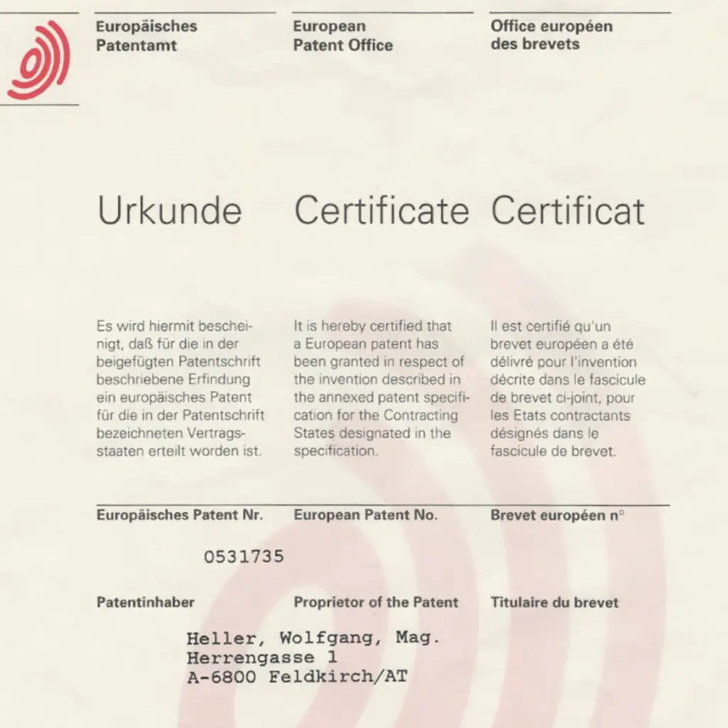 HELFE 1999 – Patent Zertifikat